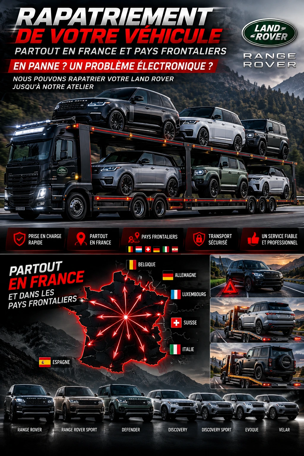 Rapatriement de votre véhicule partout en France et pays frontaliers : camion porte-voitures, carte de France, prise en charge rapide, transport sécurisé